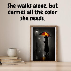 Woman in Rain Art Print: Moody Silhouette, Colorful Umbrella (Digital Download)