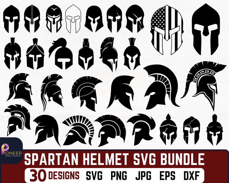May include: A set of 30 black and white Spartan helmet SVG designs. The helmets are in various styles and orientations. The text "SPARTAN HELMET SVG BUNDLE" and "30 DESIGNS SVG PNG JPG EPS DXF" is at the bottom of the image.