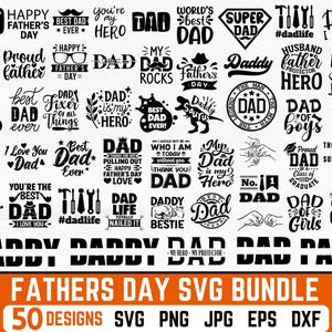 Op de afbeelding: Een zwart-wit Vaderdag SVG-bundel met 50 ontwerpen. De ontwerpen bevatten zinnen als "Best Dad Ever", "Happy Father's Day" en "World's Best Dad". De afbeelding bevat ook de bestandstypen: SVG, PNG, JPG, EPS en DXF.