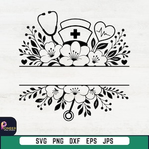 May include: Black and white floral design featuring a nurse's cap with a cross, a stethoscope, and a heartbeat symbol. The design includes flowers and leaves, with space for text. The bottom of the image displays file type options: SVG, PNG, DXF, EPS, and JPS.