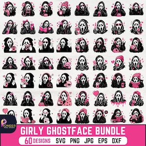 May include: A digital collection of 60 black and pink graphic illustrations featuring the Ghostface character in various poses, including holding drinks, phones, books, and teddy bears, with hearts and accessories, labeled Girly Ghostface Bundle.