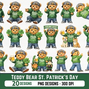 May include: A set of illustrations featuring teddy bears in green hoodies and caps, celebrating St. Patrick's Day. The bears hold clovers, beer, and pots of gold. The text "FEELING LUCKY" is displayed on the hoodies.