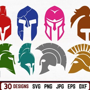 May include: Set of 10 Spartan helmet designs in various colors, including red, blue, green, pink, brown, gray, and gold. The helmets are in a simple, flat style and are perfect for use in crafts, scrapbooking, or digital design.
