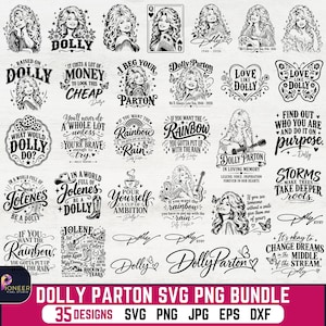 May include: A digital collection of 35 black and white graphic designs featuring illustrations of Dolly Parton, various inspirational quotes, and decorative elements like butterflies, guitars, and cowboy boots, presented in a grid layout for crafting.
