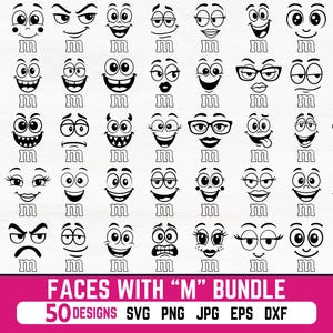 May include: A collection of 50 black and white cartoon faces with various expressions, each featuring the letter "M" below. The image includes a pink banner at the bottom with the text "FACES WITH "M" BUNDLE" and file type information.