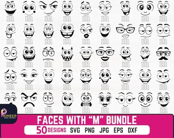Candy Faces with "M" SVG PNG Bundle, 50 Cartoon Designs (Digital Download)