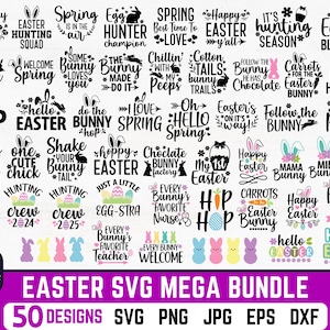 May include: A collection of 50 Easter-themed SVG designs featuring bunny rabbits, eggs, and spring-related phrases. The designs are in black and white and are perfect for crafting and creating personalized Easter projects.