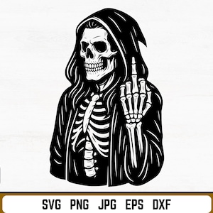 Male Grim Reaper Skeleton SVG PNG, Grim Reaper Skeleton Cut File, Middle Finger Skull Vector Tattoo, Skull Silhouette, Instant Download