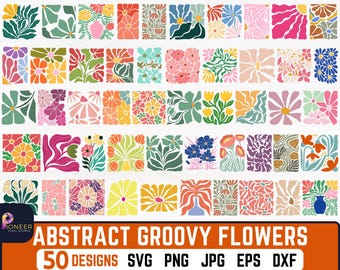 Retro Groovy Flower SVG Bundle: 50 Floral Clipart Designs (Digital Download