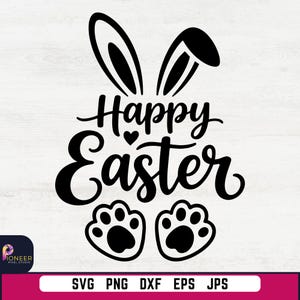 以下が含まれることがあります： 筆記体で「Happy Easter」の文字、ウサギの耳、足跡が描かれた白黒のグラフィックデザイン。画像には、ファイルタイプの略語（SVG、PNG、DXF、EPS、JPS）も含まれています。