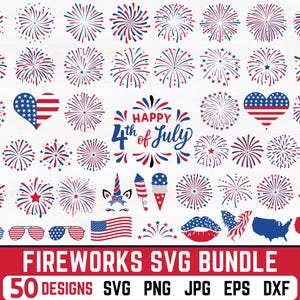 May include: A collection of red, white, and blue fireworks designs, including heart shapes, the American flag, and the text "Happy 4th of July." The image also includes a unicorn, ice cream cone, and sunglasses. The text "FIREWORKS SVG BUNDLE" is displayed.