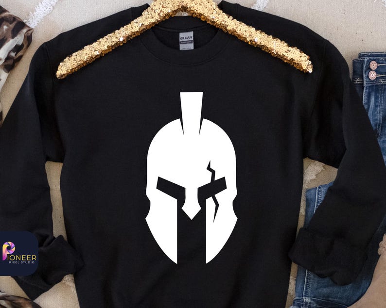 May include: Black sweatshirt with a white graphic of a Spartan helmet.