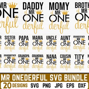 Mr Onederful ファミリー メンバー SVG バンドル、Mr One Derful SVG、ハッピー バースデー SVG、1 歳の誕生日 SVG、誕生日の男の子 SVG、最初の、家族の誕生日 SVG