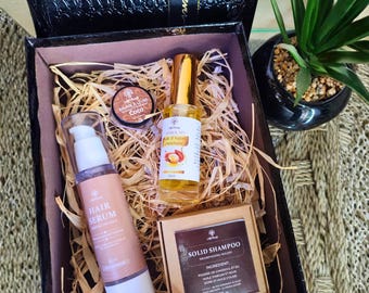 Moroccan Natural Hair Beauty Set: Argan Oil, Hair Serum, Solid Shampoo, Coconut Lip Balm - Handmade Gift Idea