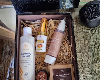 Moroccan Natural Hair Gift Set: Orange Blossom Shampoo, Argan Oil Serum, Solid Shampoo, Coconut Balm - Gift Idea