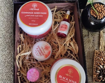 Natural Moroccan beauty set: Aker Fassi scrub, black soap, oil, blush, lip balm, lip scrub, made in Morocco