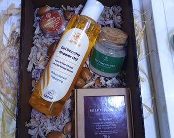 Organic Moroccan Hammam Gift Set – Argan and Orange Blossom Shower Gel, Solid Shampoo, Toothpaste Powder & Natural Lip Balm