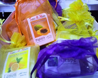 Moroccan Natural Face Soap Set 3 Pack Lemon Papaya Grape, Handmade Fruit Skin Care From Agadir Souss Massa, Spa Gift Set With Elegant Bag