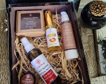 Moroccan hair care set: Hair oil, Argan oil, Hair serum, Solid shampoo, Coconut balm. Natural gift idea.