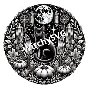 Svg, automne, lasercut, machine laser, chat, witchy, cristaux, pierre, lune