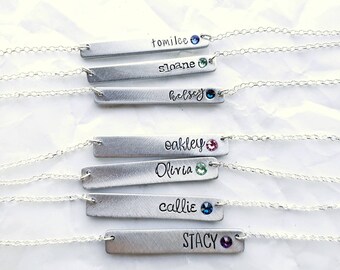 Birthstone Bar Necklace - Pewter or Sterling Silver - Two Sizes, Lots of Font Choice - Gift for Her