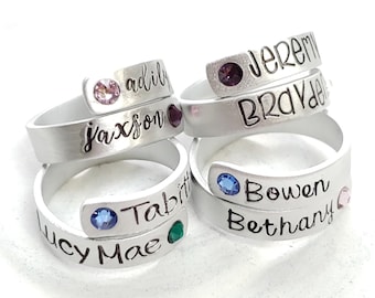 Birthstone Wrap Rings - Mother's Ring - Skinny Wrap Ring - Personalized Hand Stamped Rings - Adjustable Aluminum or Sterling Silver  Ring