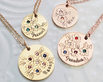 Birthstone Mother's Flower Necklace - Silver, Gold Or Rose Gold - Grandmother's Gift - Holds up to 9 Birthstones