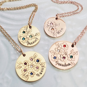 Birthstone Mother&#39;s Flower Necklace - Silver, Gold Or Rose Gold - Grandmother&#39;s Gift - Holds up to 9 Birthstones
