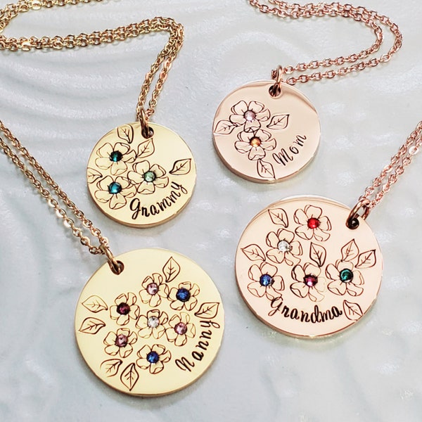 Birthstone Mother's Flower Necklace - Silver, Gold Or Rose Gold - Grandmother's Gift - Holds up to 9 Birthstones