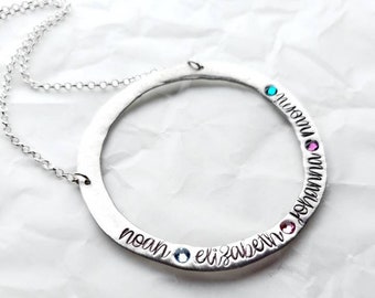 Oversized Organic Fixed Washer Necklace - Personalized Birthstone Jewelry - Mother's Necklace - Birthstone Mother's Jewelry - Name Necklace