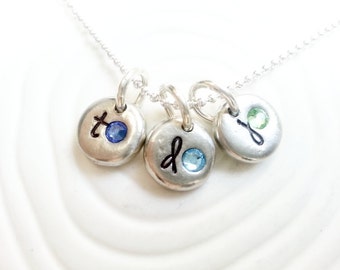 Personalized Hand Stamped Birthstone Initial Necklace - Three Initial and Birthstone Mother's Necklace - Mother's Day Gift