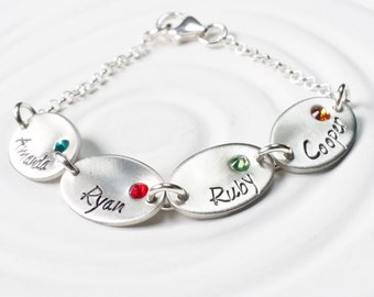 Oval Name Bracelet - Personalized Hand Stamped Charm Bracelet - Name and Birthstone Mother's or Grandmother's Bracelet - Mother's Day Gift
