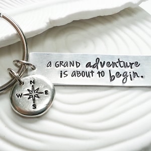 A Grand Adventure Is About to Begin - Winnie the Pooh Quote - Hand Stamped, Personalized Compass Keychain - Graduation Gift
