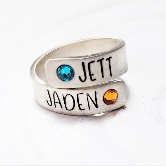 Birthstone Wrap Rings Mother s Ring Personalized Hand Stamped Rings Mother s Ring Mother s Jewelry Gift for New Mom Wide Wrap Etsy