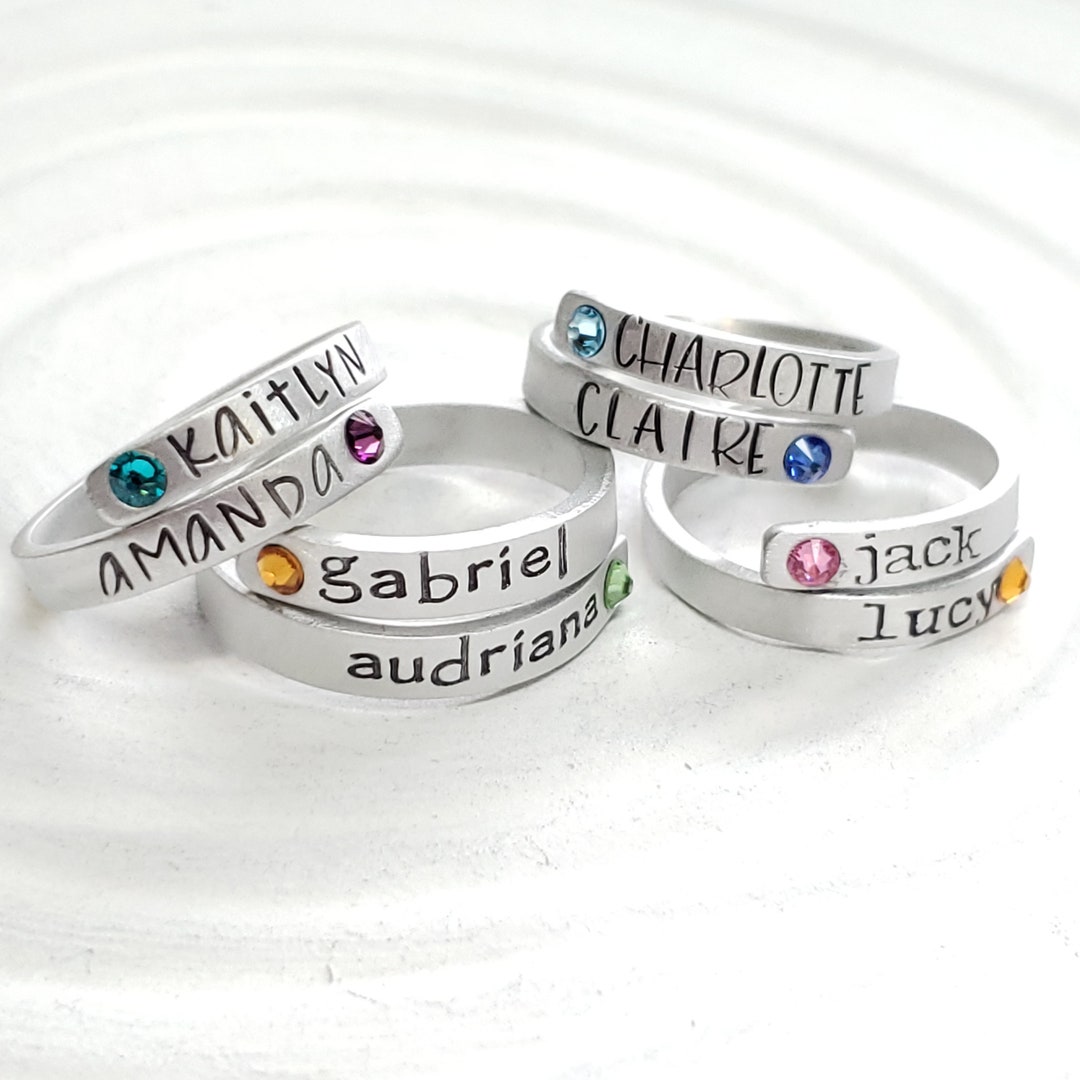 Birthstone Wrap Rings Mother's Ring Personalized Hand Stamped Rings ...