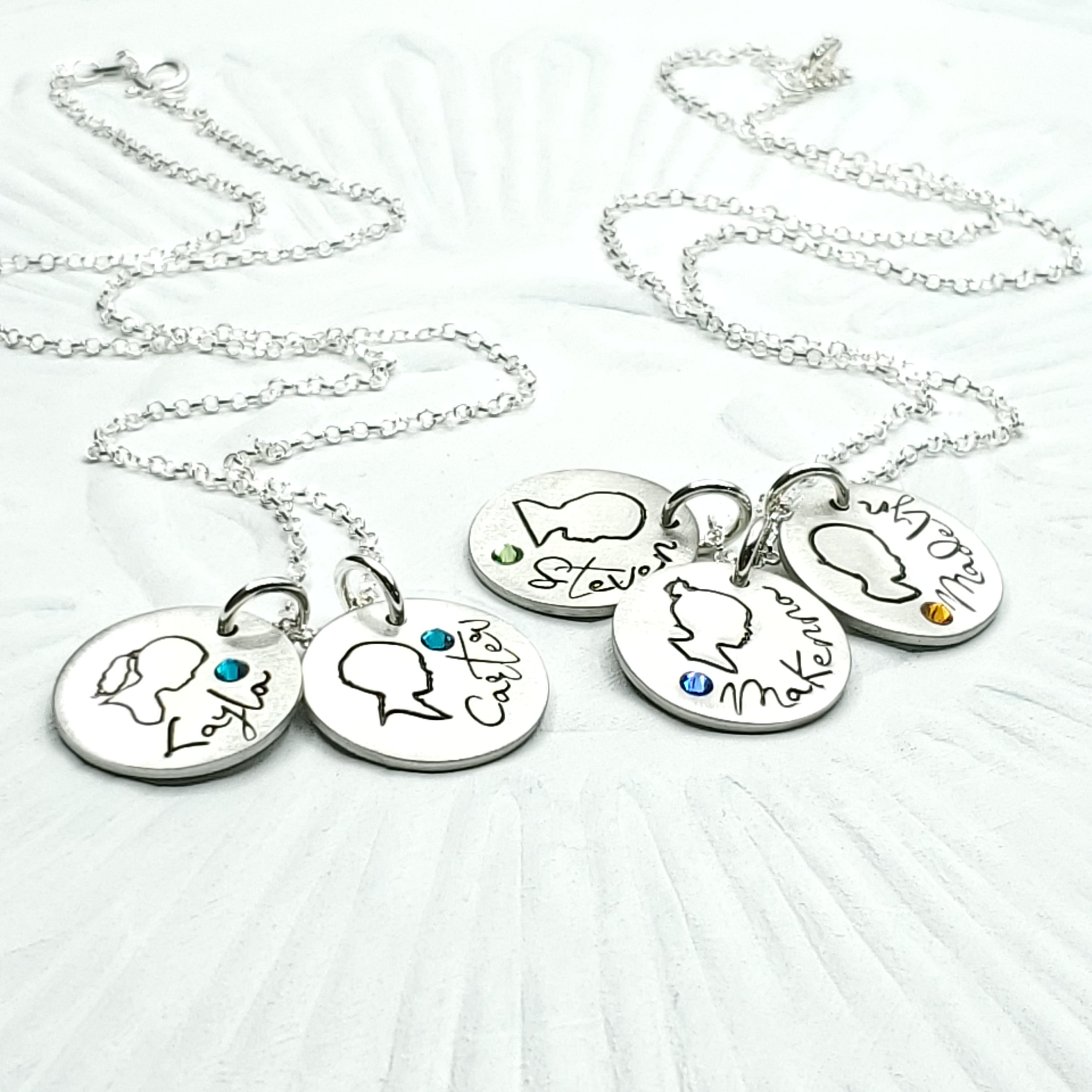 Birthstone Mothers Necklace, Personalized Silhouette and Name Charm Necklace, Gift for Mom, Gift for Grandma