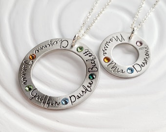 Birthstone Washer - Long Chain Option -Two Size Choices - Personalized Birthstone Washer Necklace - Grandmother's Necklace - Gift for Her