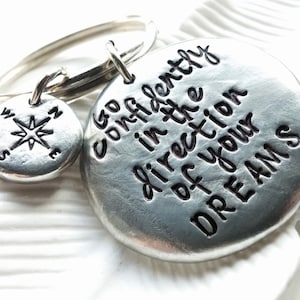 Hand Stamped Personalized Keychain -Go Confidently in the Direction of Your Dreams - Thoreau Quote - Graduation Gift - Men&#39;s Gift