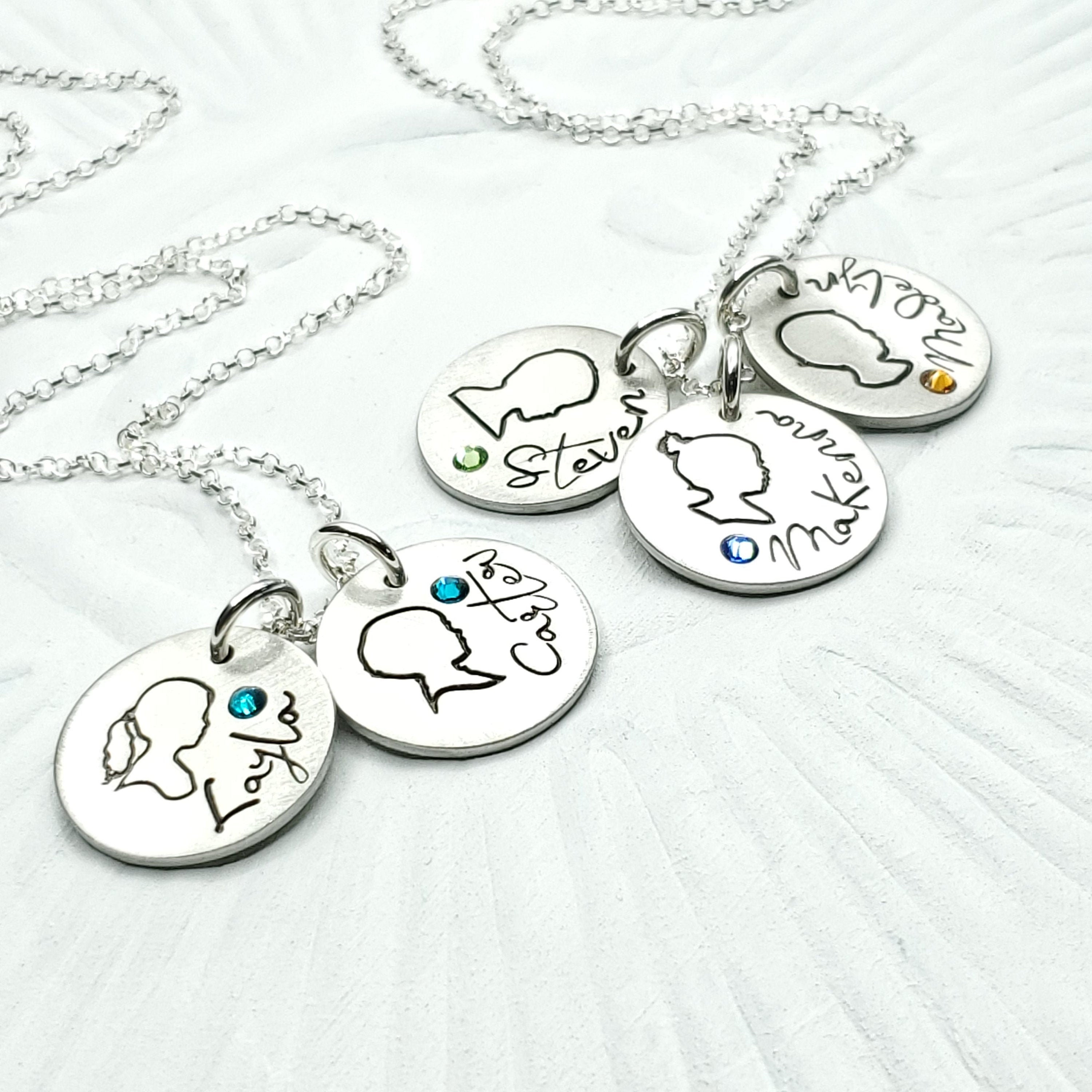 Birthstone Mothers Necklace, Personalized Silhouette and Name Charm Necklace, Gift for Mom, Gift for Grandma