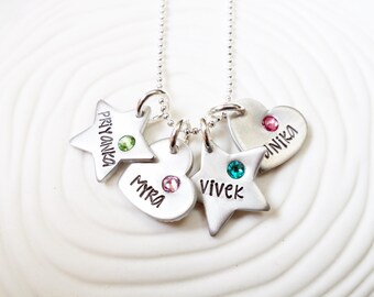 Hand Stamped, Personalized Birthstone Mother's Hearts and Stars Necklace - Mother's Necklace - Grandmother's Necklace- Mother's Day Gift