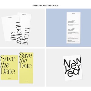Op de afbeelding: Vier witte kaarten met zwarte tekst. De kaarten zeggen "the Menu", "Save the Date", "Save the Date" en "New Year". De kaarten zijn gerangschikt in een raster op een lichtgrijze achtergrond.