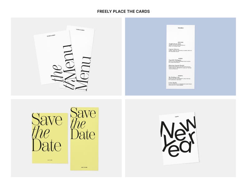 Op de afbeelding: Vier witte kaarten met zwarte tekst. De kaarten zeggen "the Menu", "Save the Date", "Save the Date" en "New Year". De kaarten zijn gerangschikt in een raster op een lichtgrijze achtergrond.
