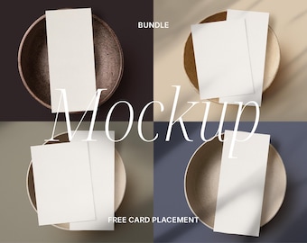 Mockupkaart in twee formaten: 4x9 en 5x7 inch. Mockup van beide formaten gecombineerd. Instelbare achtergrondkleur voor de mockup. Vrij positioneerbare mockupflyer.