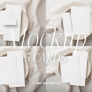 May include: A mockup showing five white cards of different sizes on a beige plate, against a background of soft, creased fabric. The words "Mockup" and "5 CARDS" are in white text. The phrase "TO MIX AND MATCH" is also visible.