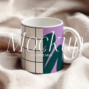 May include: White ceramic 11-ounce mug with a geometric design. The mug features a grid pattern, a lavender section, and teal leaf-like shapes. The word "Mockup" is displayed in a stylish font. The mug is on a neutral-colored fabric.