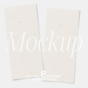 May include: Two white textured paper cards with the word "Mockup" in white text. The text below the cards reads "Includes 8 different paper textures".