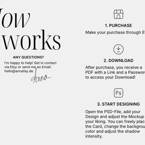 Op de afbeelding: Een grafische illustratie die uitlegt hoe je een digitaal product koopt, downloadt en gebruikt. De stappen zijn: 1. Koop via Etsy, 2. Download een PDF met een link en wachtwoord, en 3. Begin met ontwerpen met het PSD-bestand.