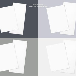 Op de afbeelding: Vier witte vellen papier liggen op elkaar gestapeld op vier verschillende kleuren achtergronden: grijs, lichtgrijs, lichtpaars en wit.