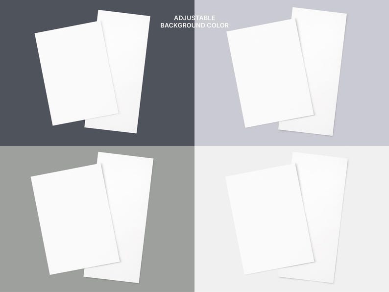 Op de afbeelding: Vier witte vellen papier liggen op elkaar gestapeld op vier verschillende kleuren achtergronden: grijs, lichtgrijs, lichtpaars en wit.