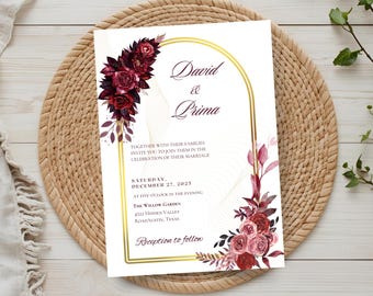 Burgunder Blumenhochzeitseinladungsvorlage Bearbeitbares Canva Invite Marsala Peach Design